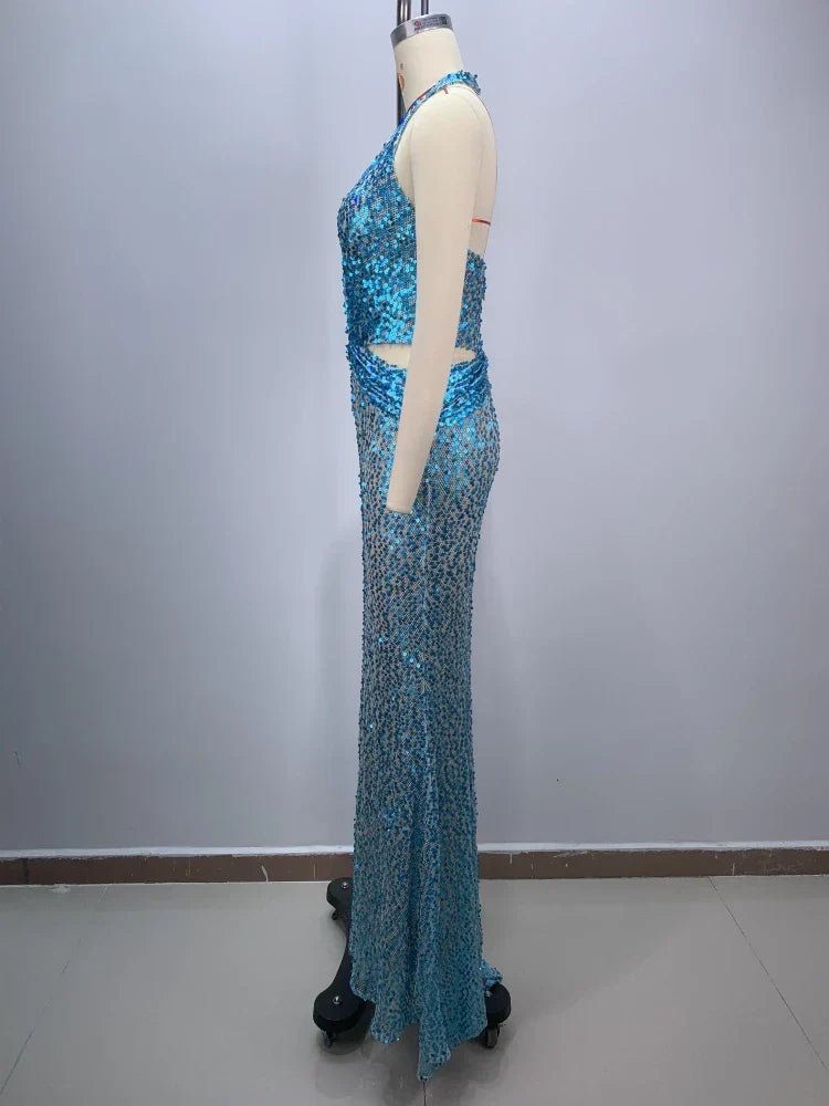 Sexy Sling Deep V-Neck Sequins Long Dress Hollow Out Slim Christmas Party Dresses-L