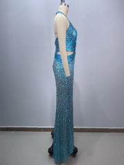 Sexy Sling Deep V-Neck Sequins Long Dress Hollow Out Slim Christmas Party Dresses-L
