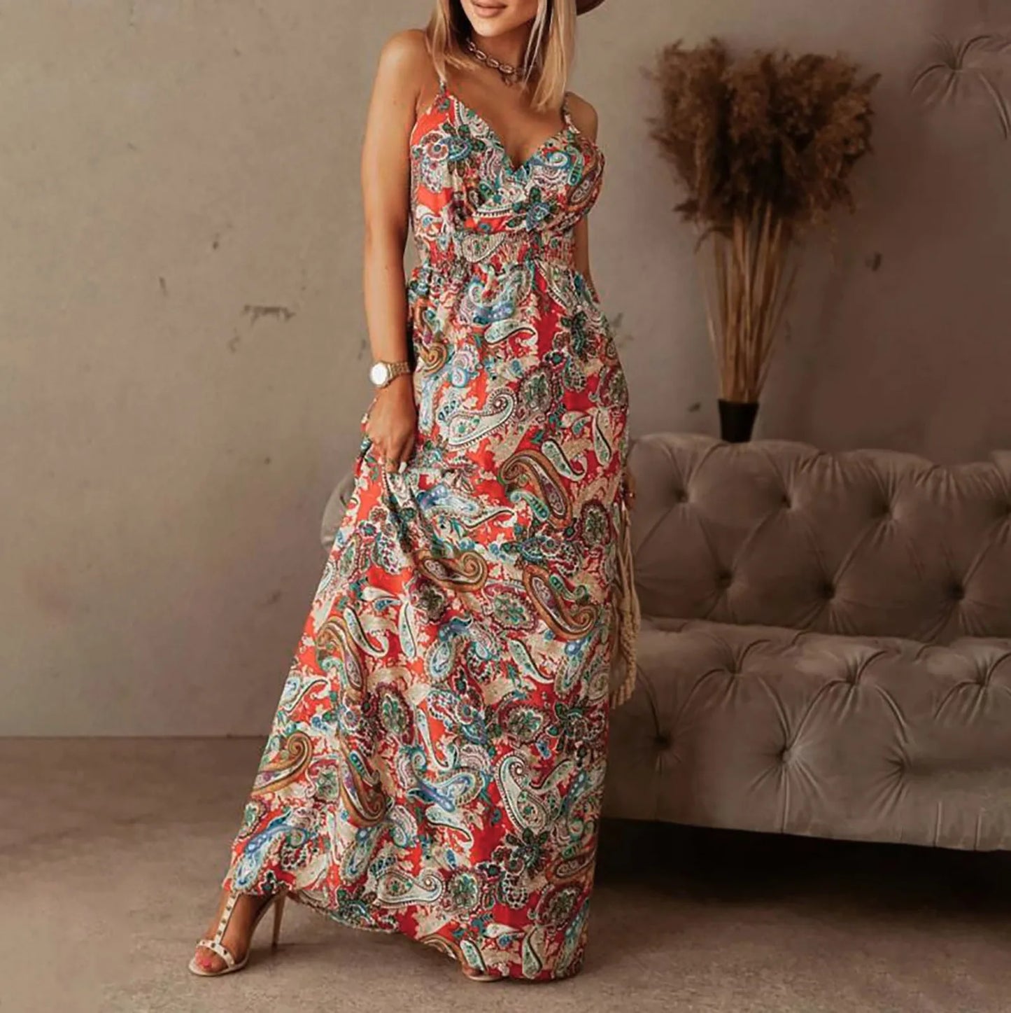 JuliaFashion - Sexy Spaghetti Strap Floral Print Boho Maxi Women 2024 Summer Casual Beach Robe Elegant V-Neck Backless Long Dress