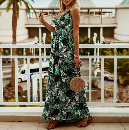 JuliaFashion - Sexy Spaghetti Strap Floral Print Boho Maxi Women 2024 Summer Casual Beach Robe Elegant V-Neck Backless Long Dress