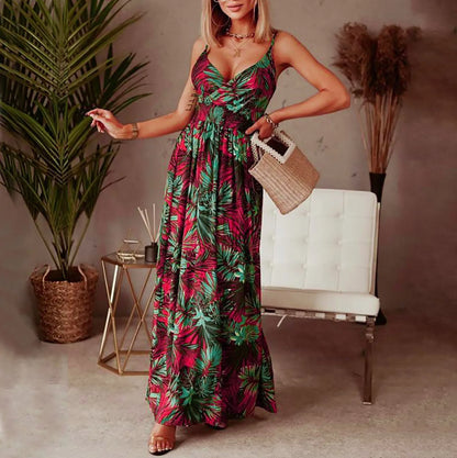 JuliaFashion - Sexy Spaghetti Strap Floral Print Boho Maxi Women 2024 Summer Casual Beach Robe Elegant V-Neck Backless Long Dress