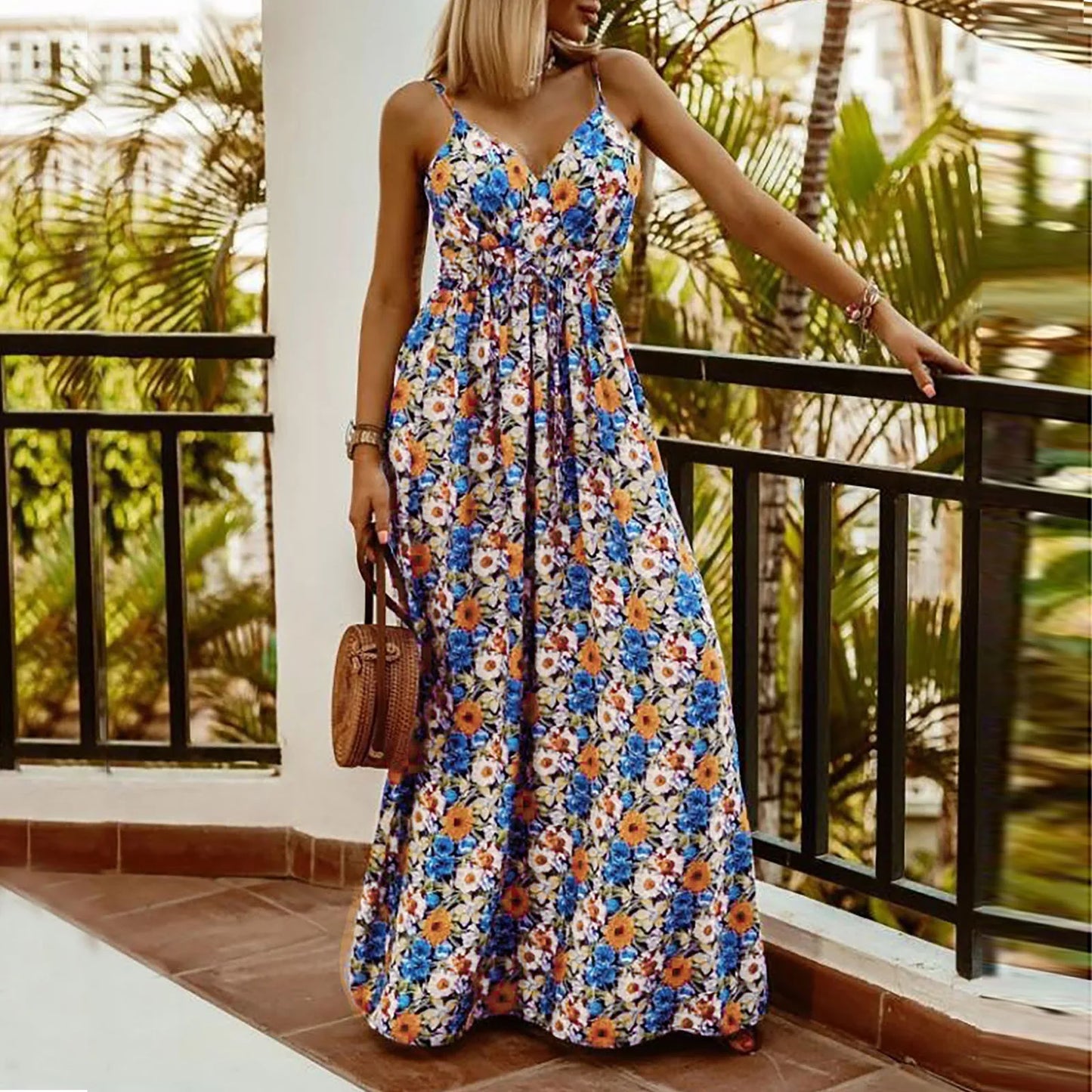 JuliaFashion - Sexy Spaghetti Strap Floral Print Boho Maxi Women 2024 Summer Casual Beach Robe Elegant V-Neck Backless Long Dress