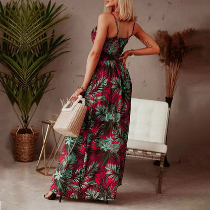 JuliaFashion - Sexy Spaghetti Strap Floral Print Boho Maxi Women 2024 Summer Casual Beach Robe Elegant V-Neck Backless Long Dress