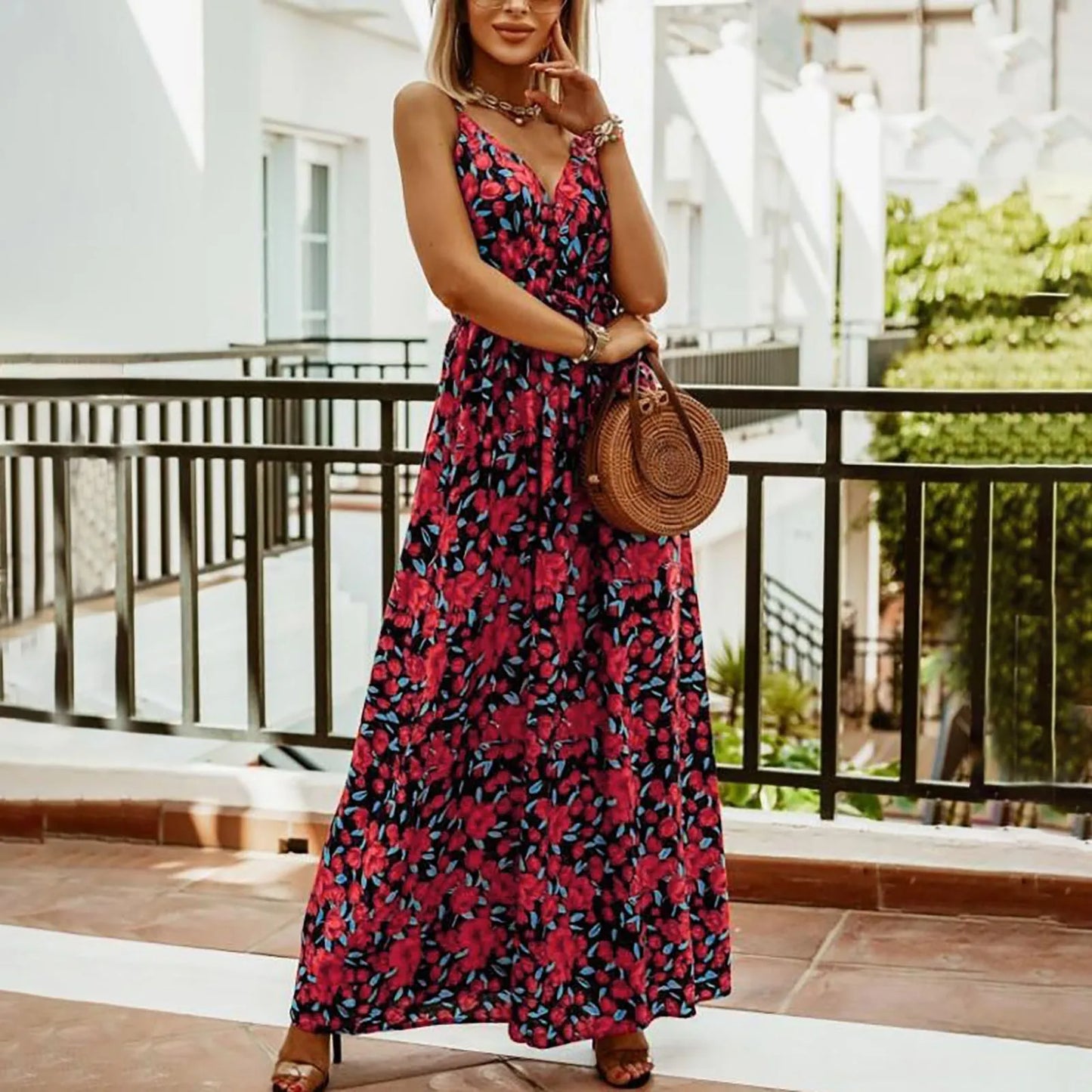 JuliaFashion - Sexy Spaghetti Strap Floral Print Boho Maxi Women 2024 Summer Casual Beach Robe Elegant V-Neck Backless Long Dress