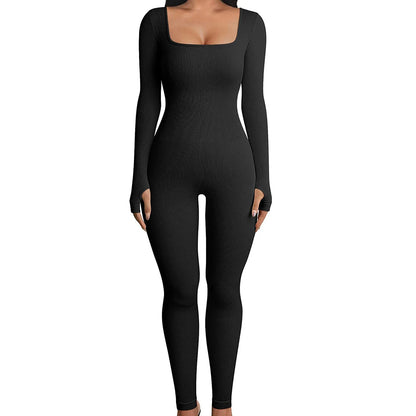 JuliaFashion - Sexy Square Neck Long Sleeve Black Jumpsuits