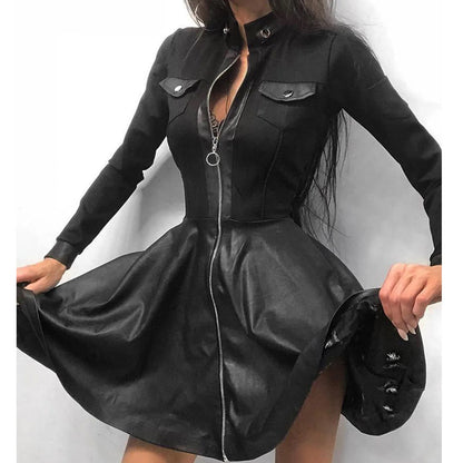 JuliaFashion - Sexy Stand Collar Print Zipper Long Sleeves Mini Casual Autumn Spring Fashion Pocket Leather Elegant Slim Dress