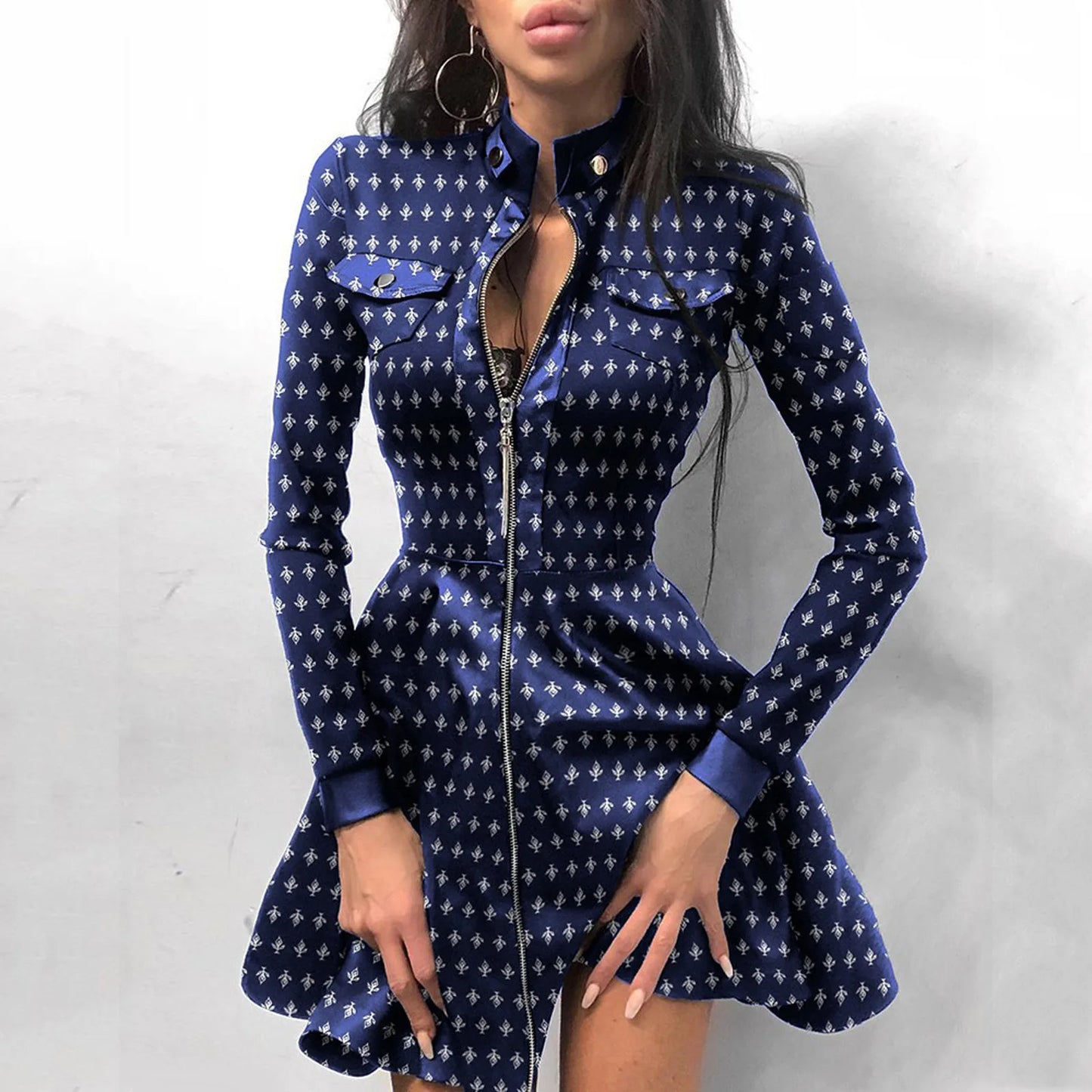 JuliaFashion - Sexy Stand Collar Print Zipper Long Sleeves Mini Casual Autumn Spring Fashion Pocket Leather Elegant Slim Dress