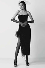 Sexy Strapless Feathers Midi Bandage Black White Backless Christmas Party Dress Dresses-L