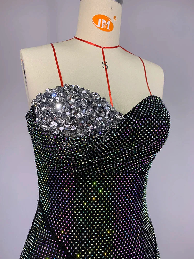 Sexy Strapless Luxury Diamonds Long Dress Shiny Sequins Crystal Folds Christmas Party Dresses-L