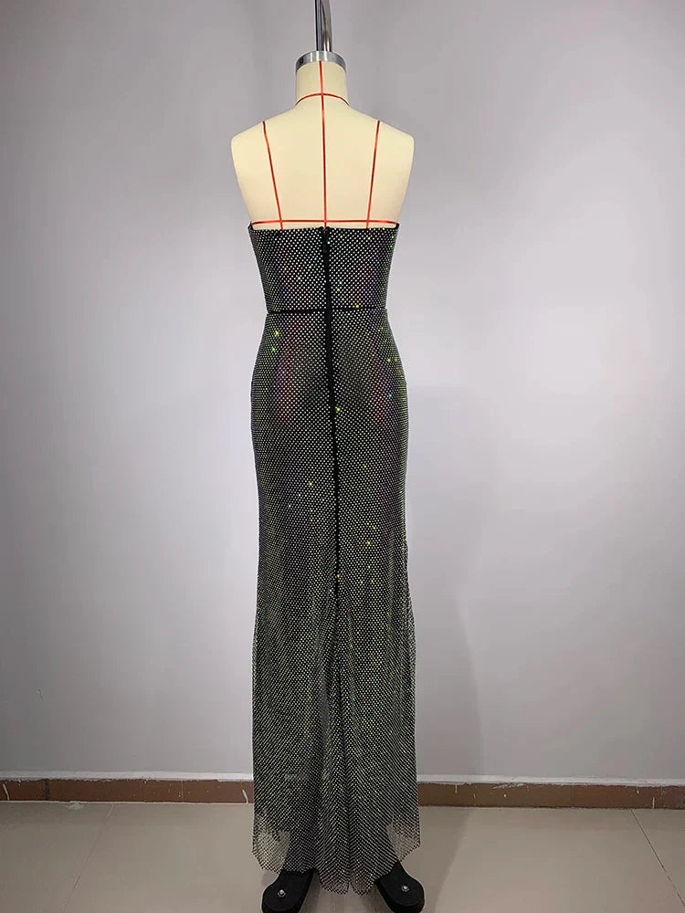 Sexy Strapless Luxury Diamonds Long Dress Shiny Sequins Crystal Folds Christmas Party Dresses-L