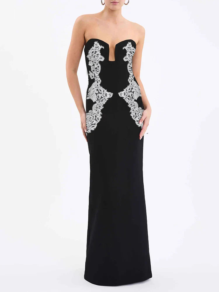 Sexy Strapless V Neck Lace Sequin Design Black Velvet Christmas Party Dress / S Dresses-L