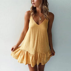 Julia Fashion - Sexy V-neck Solid Color Sleeveless Vestidos Verano Mini Dress