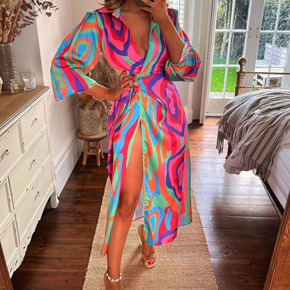 JuliaFashion - Sexy Tie-Up Wrap Split Robe Party Women Half Sleeve Elegant Colorblock Striped Print Lapel Shirt Lady Long Dress