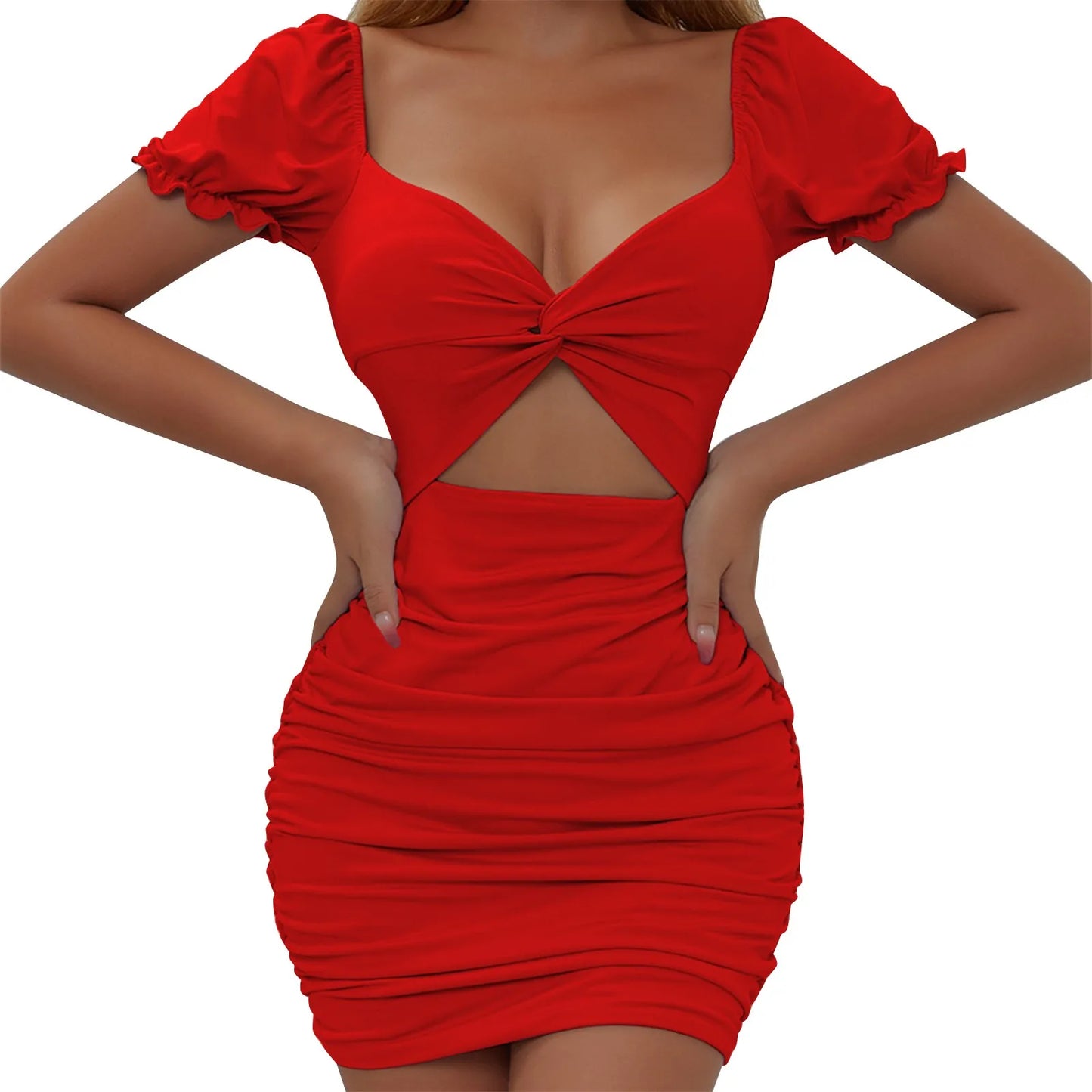 JuliaFashion - Sexy V Neck Bubble Sleeve Bodycon Hollow Out Simple Ruched Party Vestidos Femme Ladies Casual Summer Dress