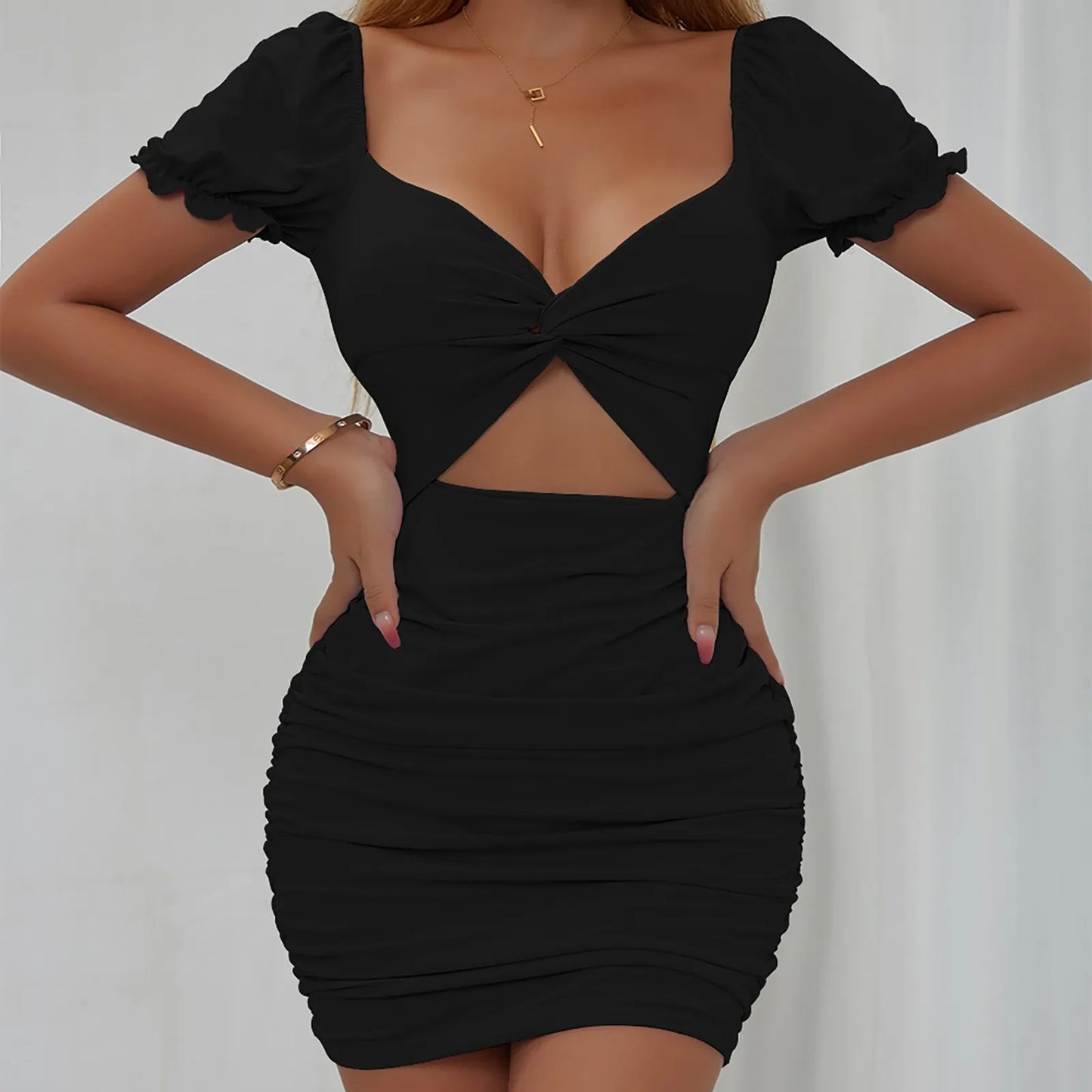 JuliaFashion - Sexy V Neck Bubble Sleeve Bodycon Hollow Out Simple Ruched Party Vestidos Femme Ladies Casual Summer Dress