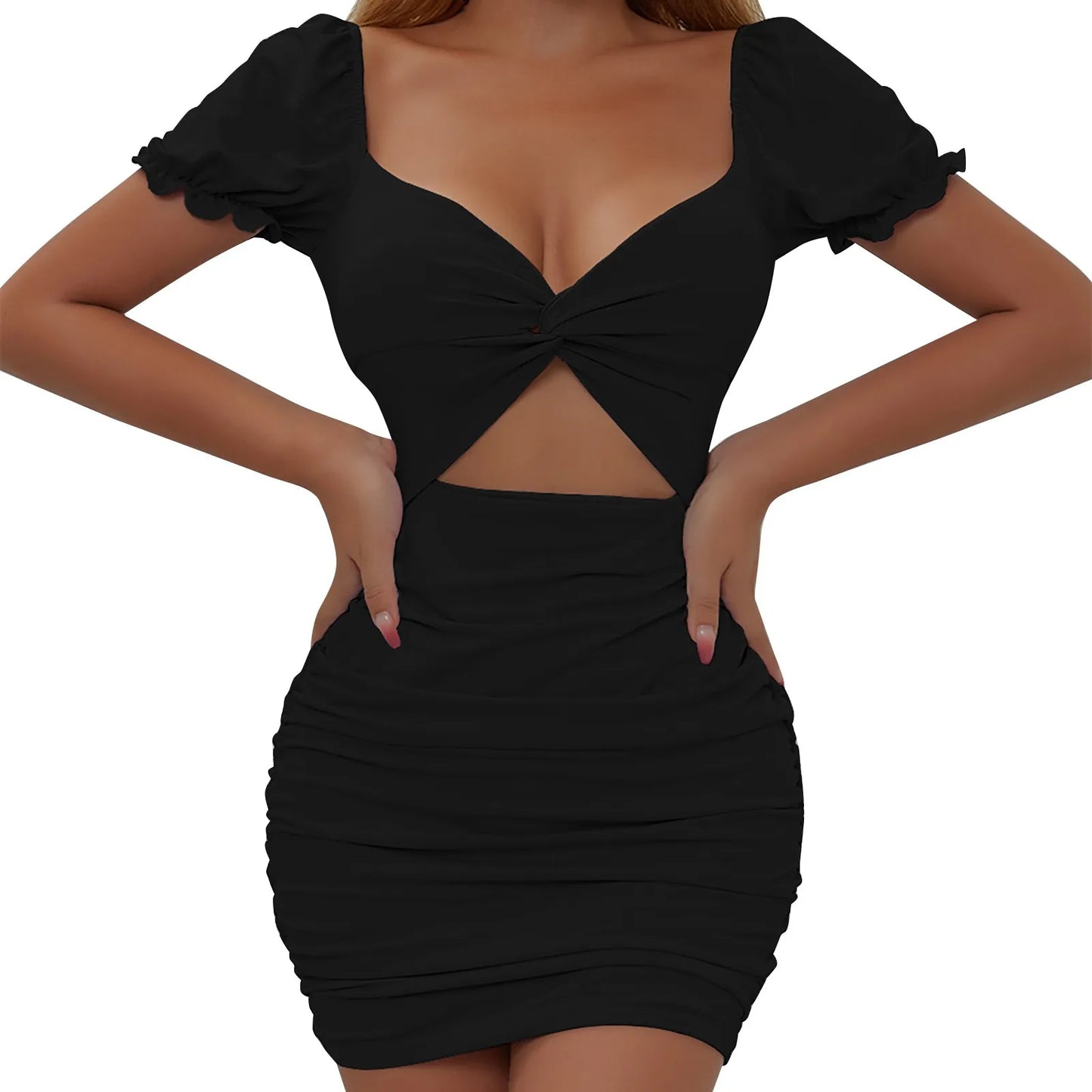 JuliaFashion - Sexy V Neck Bubble Sleeve Bodycon Hollow Out Simple Ruched Party Vestidos Femme Ladies Casual Summer Dress