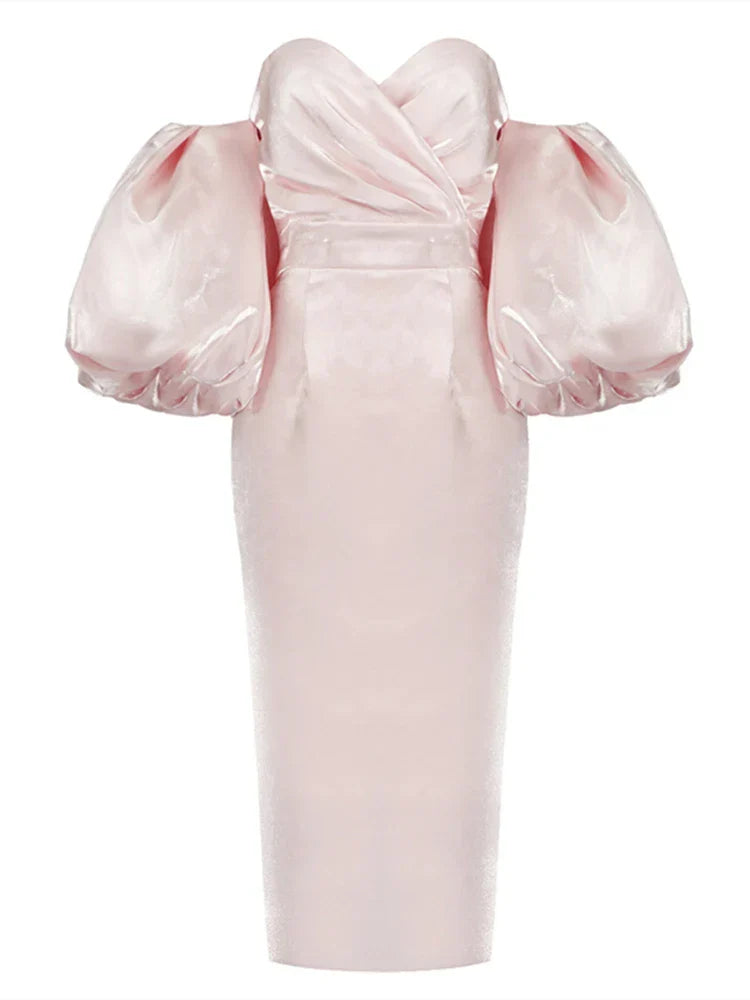 Sexy V-Neck Strapless Puff Sleeve Satin Midi Off Shoulder Christmas Party Dress Pink / S Dresses-L