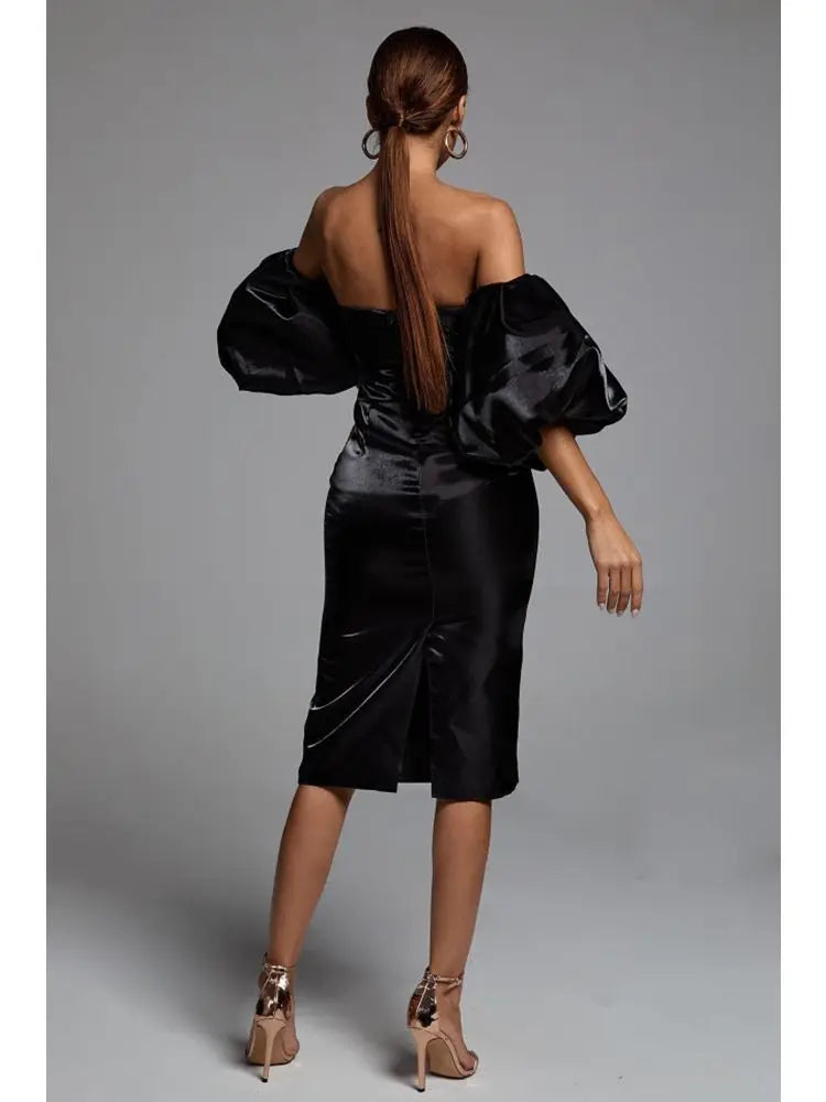 Sexy V-Neck Strapless Puff Sleeve Satin Midi Off Shoulder Christmas Party Dress Dresses-L