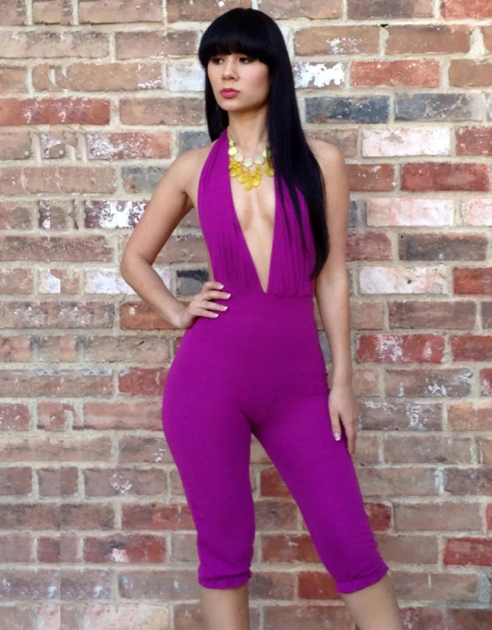 JuliaFashion - Purple Plunge V-Neck Halter Skinny Calf-Length Pants Jumpsuits