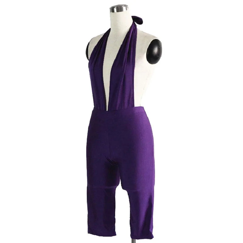 JuliaFashion - Purple Plunge V-Neck Halter Skinny Calf-Length Pants Jumpsuits