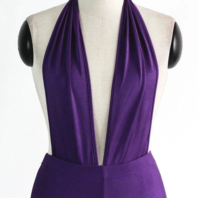 JuliaFashion - Purple Plunge V-Neck Halter Skinny Calf-Length Pants Jumpsuits