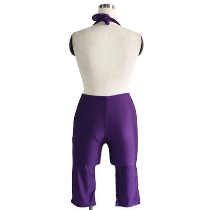 JuliaFashion - Purple Plunge V-Neck Halter Skinny Calf-Length Pants Jumpsuits