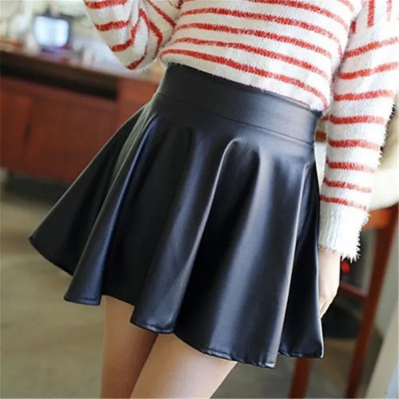 JuliaFashion - Sexy Slim PU Leather High Waist Short Mini Pleated Party Faux Leather Skater Flare Pleated Skirts