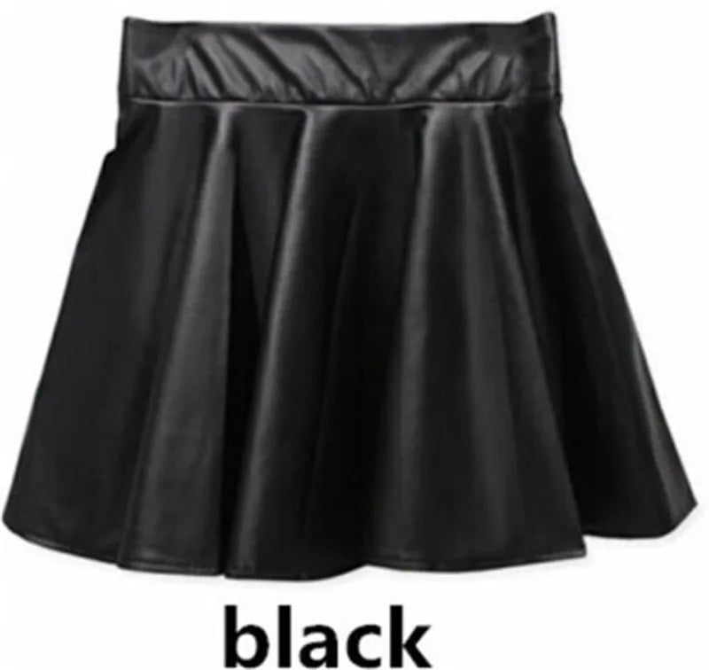 JuliaFashion - Sexy Slim PU Leather High Waist Short Mini Pleated Party Faux Leather Skater Flare Pleated Skirts