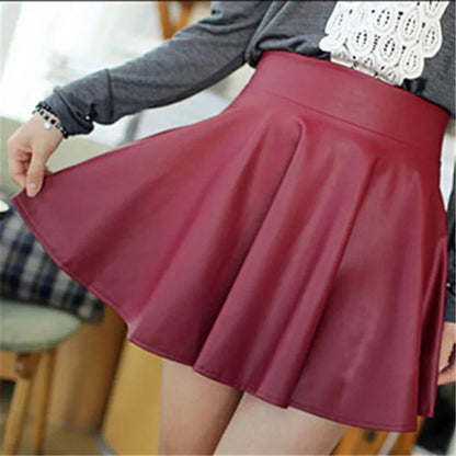 JuliaFashion - Sexy Slim PU Leather High Waist Short Mini Pleated Party Faux Leather Skater Flare Pleated Skirts