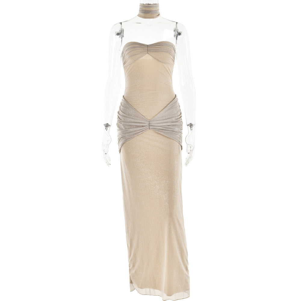 High End Slim Fit Tube Top Backless Stitching Fishtail Dress Long