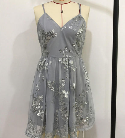 Spaghetti Straps Sleeveless Sequin Embroider Backless Cross Swing Dress