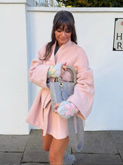 Women Sweet Pink V-neck Woolen Jacket Fashion Belt Lace Up Loose Full Sleeved Outerwear Autumn Winter Lady High Street Overcoat