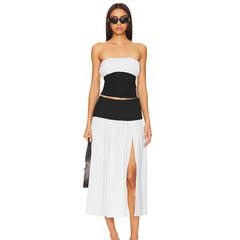 Black And White Patchwork Tube Trendy Top And Slit Long Skirt Set Co-Ord