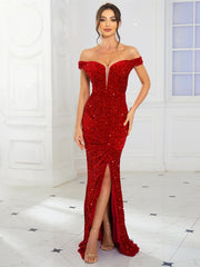 Slash Neck Sequin Party Dress Partydress-241208