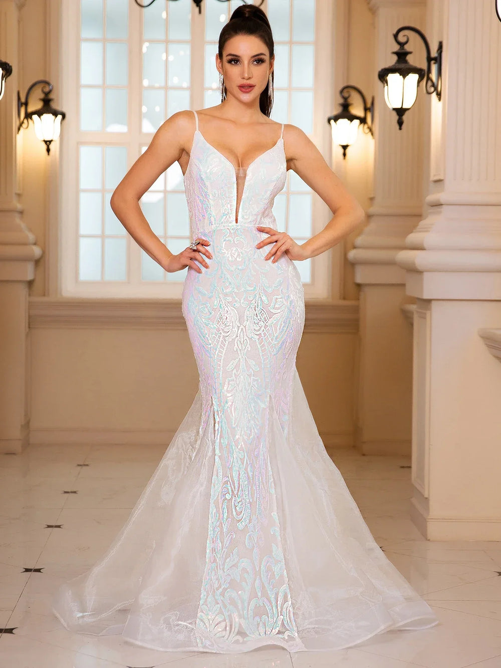 Sleeveless Sequined Mermaid Party Dress White / S Partydress-241208