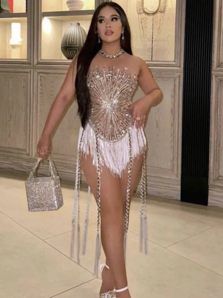Tassel Silver Sequins Sleeveless Party Dress Partydress-241208