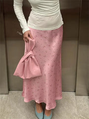 Soft Girl Floral Satin Midi Skirt