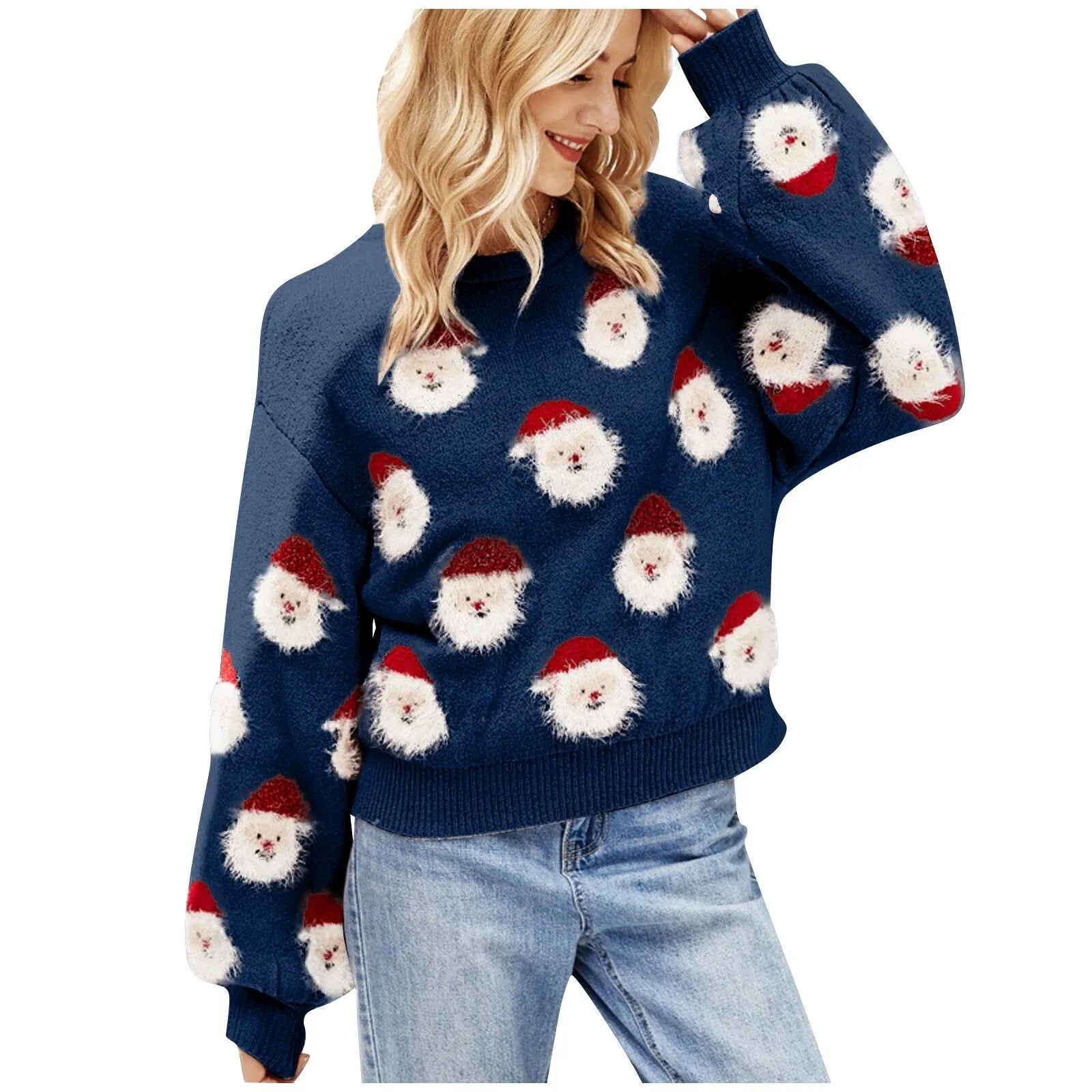 Christmas Santa Claus Print Knitted Sweater Navy / S Sweaters-L