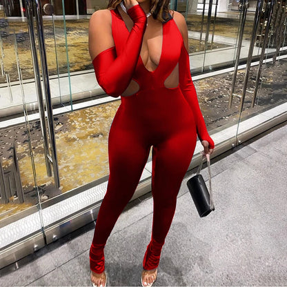 JuliaFashion - Sexy Deep V-Neck Off Shoulder Long Sleeve Jumpsuits