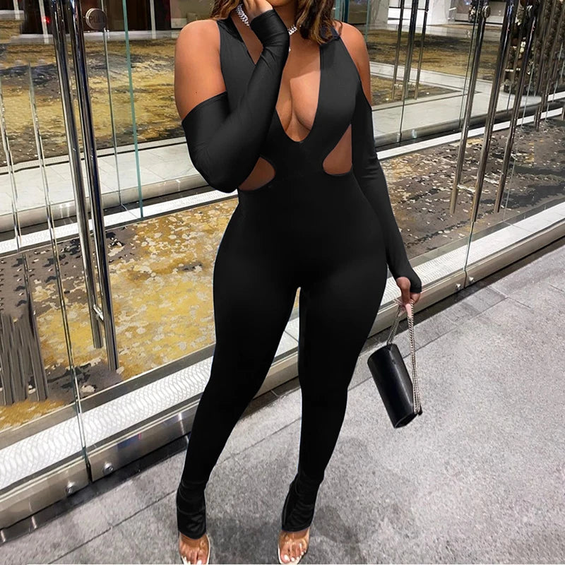 JuliaFashion - Sexy Deep V-Neck Off Shoulder Long Sleeve Jumpsuits