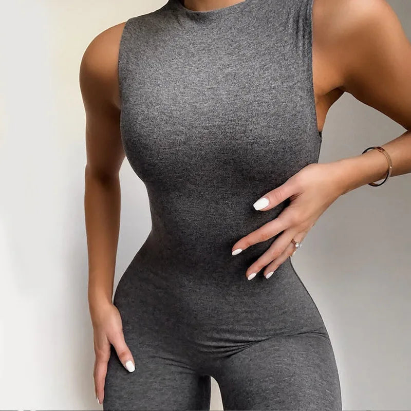 JuliaFashion - Summer Women's Sleeveless Solid Bodycon Pencil Pants Jumpsuits