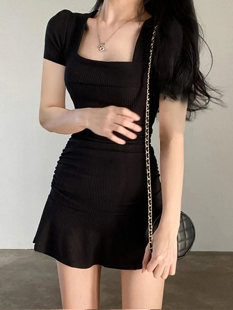 Julia Fashion - Solid Ribbed Square-collar Casual Short-sleeve Mini Dress