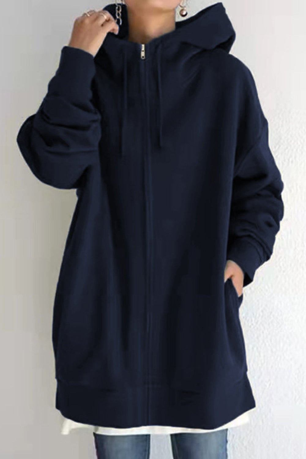 Color Hoodie Zipper Solid - Mid-Length Navy Blue / S Sweatshirts & Hoodies-L