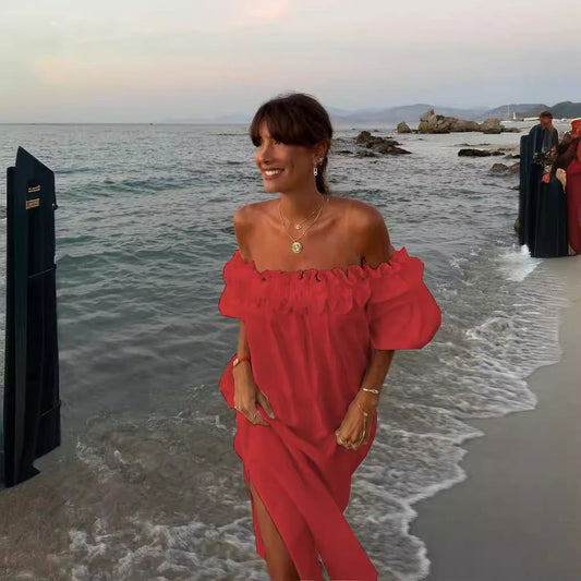 Solid Color Cotton Linen of Neck Split Holiday