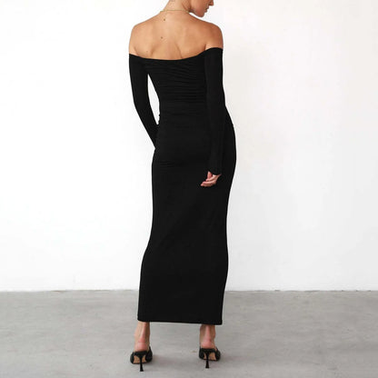 JuliaFashion - Spring Autumn Women Solid Black Off Shoulder Maxi 2024 New Elegant Slash Neck Long Sleeve Bodycon Slim Dress