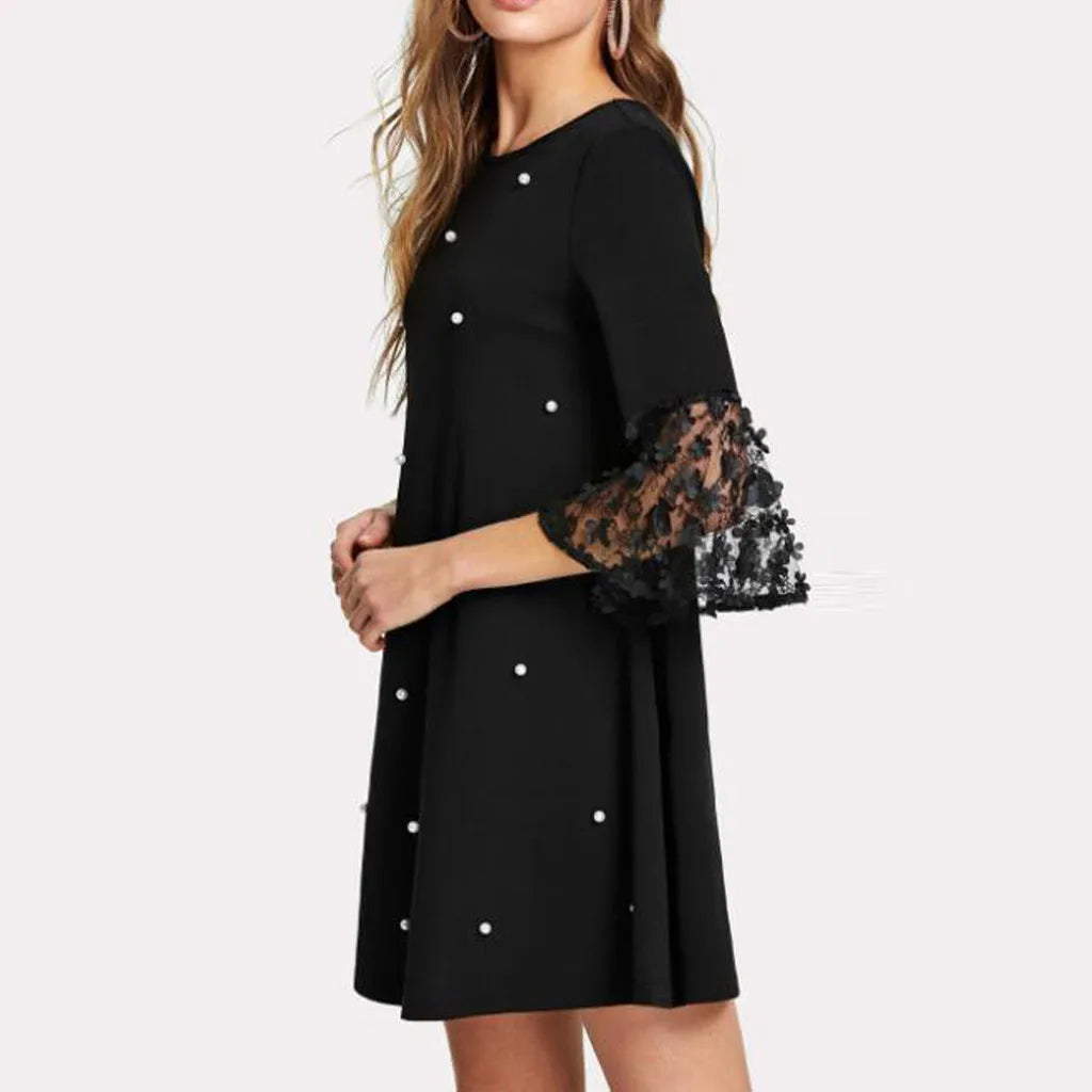 JuliaFashion - Spring Fashion Solid Dots O-Neck Women Mesh Lace Spliced Long Sleeve For Women Casual Summer Holiday Vestidos Dress
