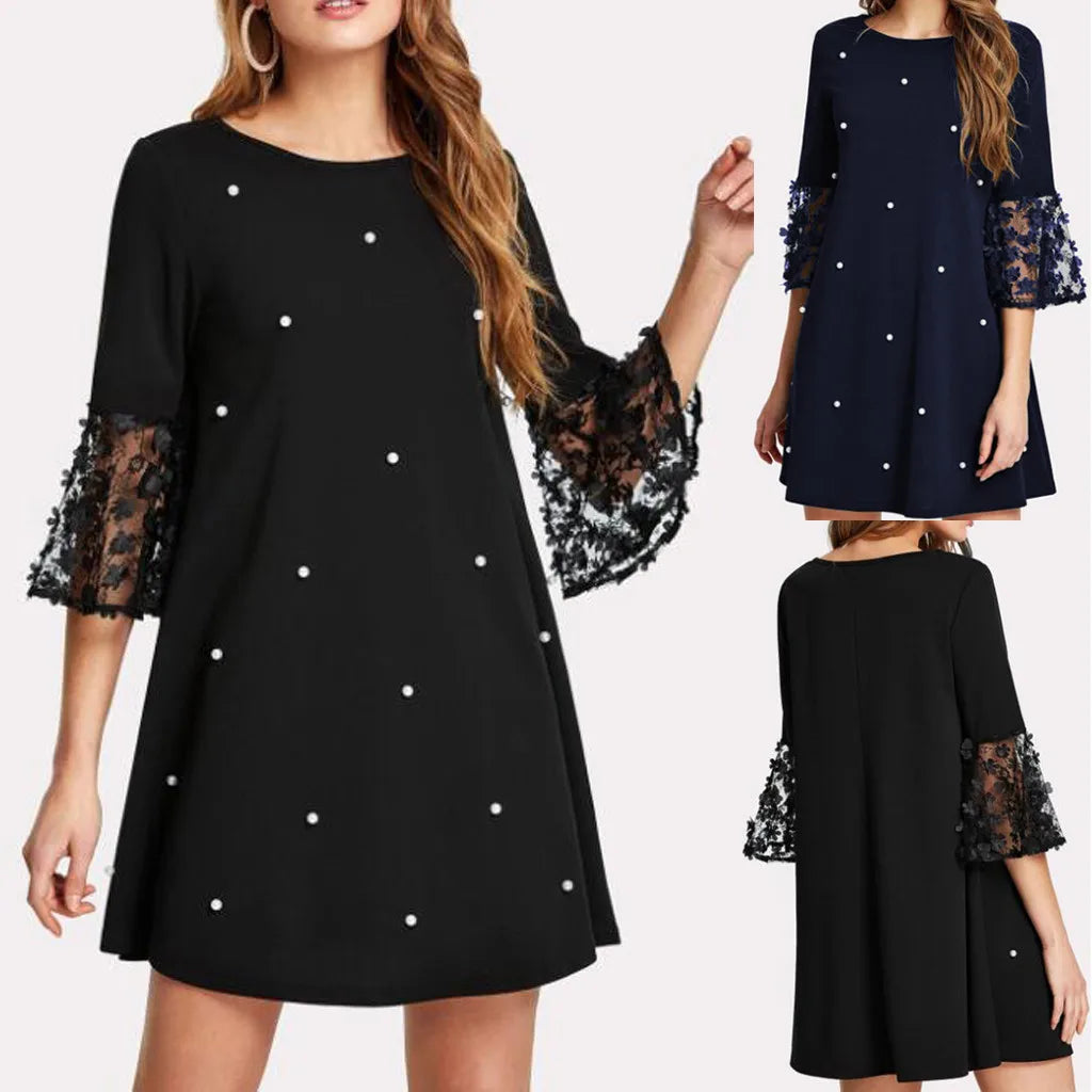 JuliaFashion - Spring Fashion Solid Dots O-Neck Women Mesh Lace Spliced Long Sleeve For Women Casual Summer Holiday Vestidos Dress