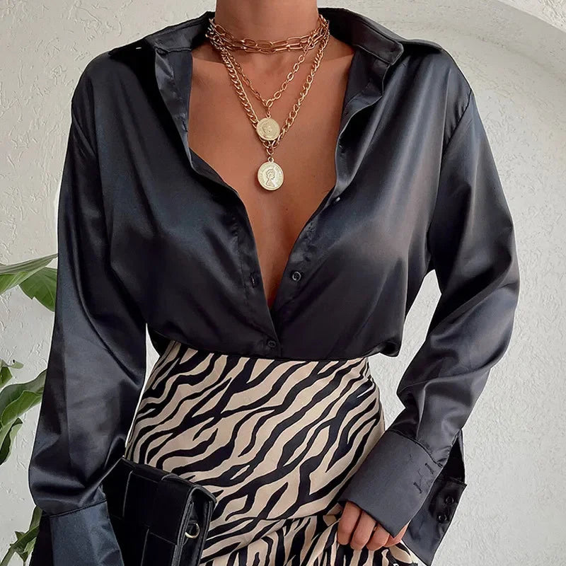 Satin Long Sleeve Vintage Blue Blouse blouse-250223