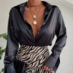 Satin Long Sleeve Vintage Blue Blouse blouse-250223