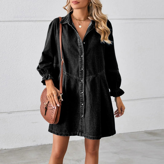 JuliaFashion - Spring Summer Denim 2024 Fashion Korea Thin Loose Lantern Sleeve Shirt High Street Mini Casual Button Dress